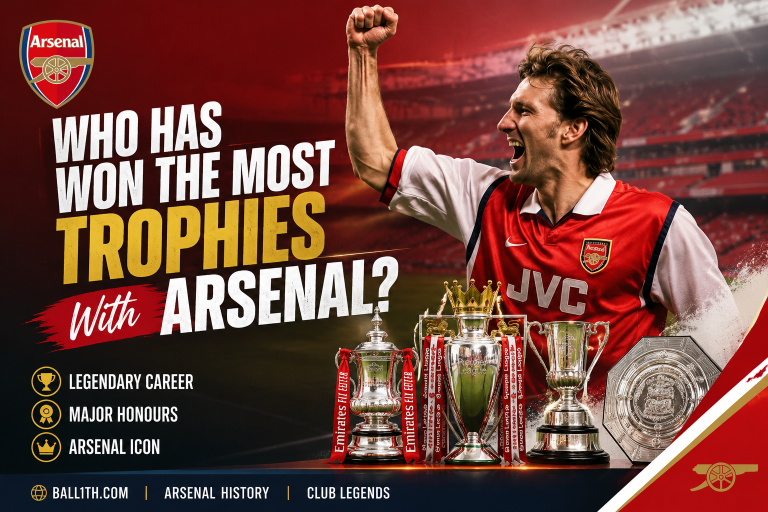 Arsenal player celebrating with trophies in Arsenal history blog graphic