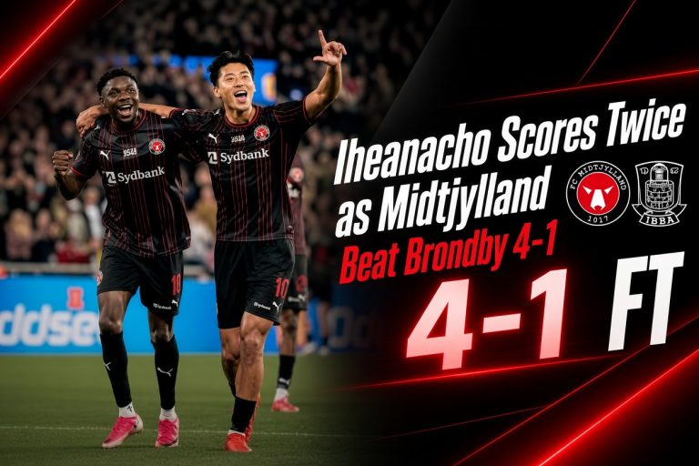 Kelechi Iheanacho and teammate celebrate after Midtjylland’s 4-1 win over Brøndby