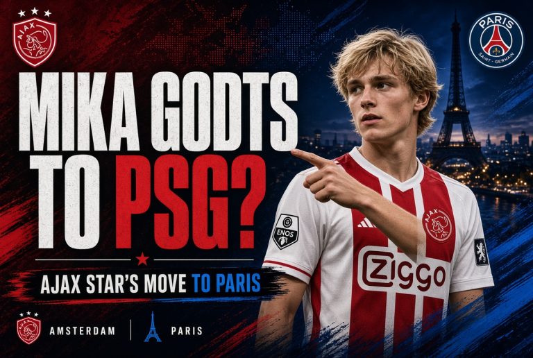 Graphic of Ajax forward Mika Godts in his red-and-white striped jersey pointing forward, with bold text “MIKA GODTS TO PSG?” and the subtitle “Ajax Star’s Move to Paris”, set against a dramatic night scene of the Eiffel Tower and Paris skyline with Ajax and PSG crests.