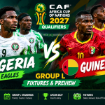 AFCON 2027 qualifiers graphic featuring Nigeria vs Guinea-Bissau, Super Eagles players, Group L and match fixtures
