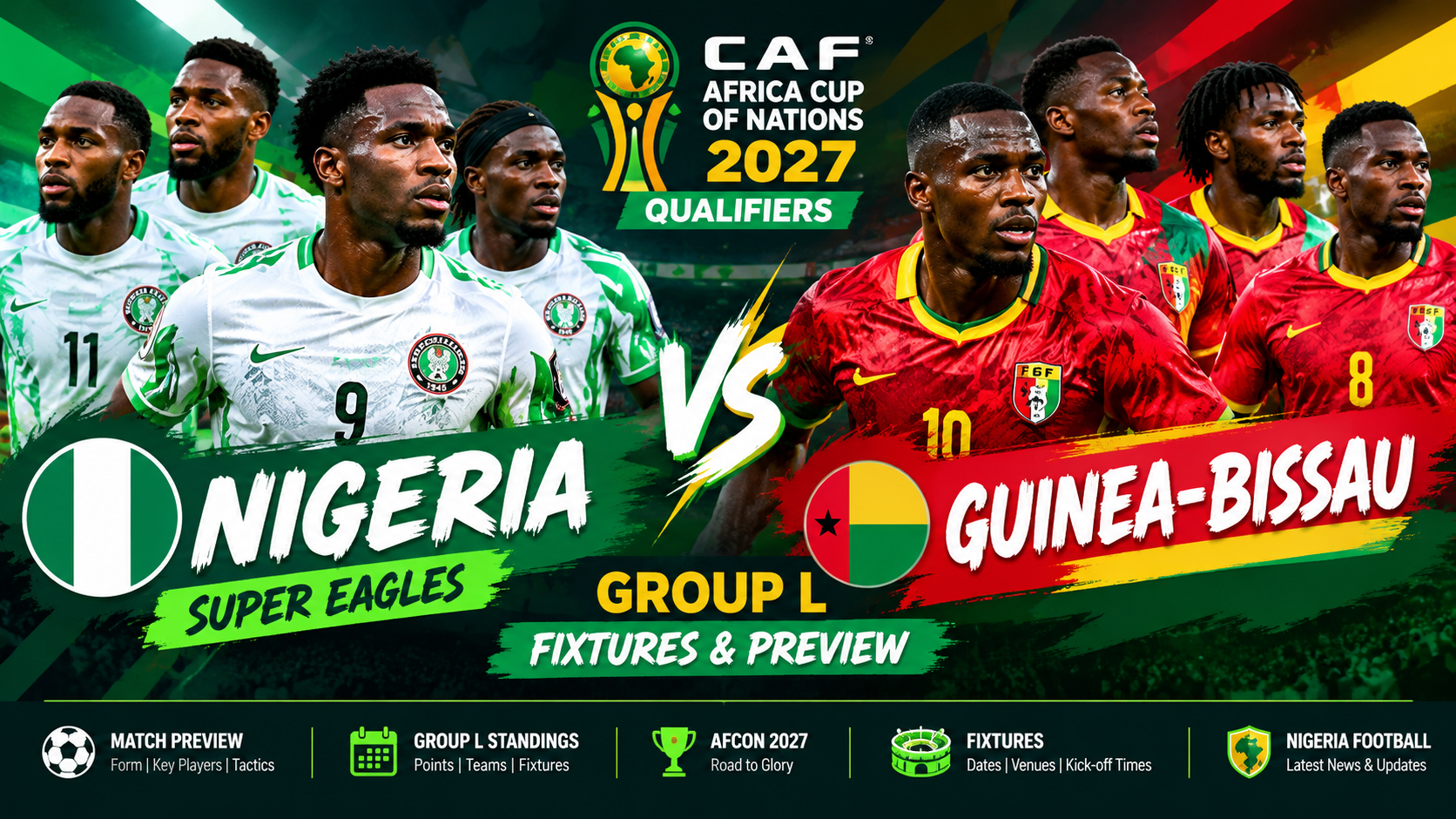 AFCON 2027 qualifiers graphic featuring Nigeria vs Guinea-Bissau, Super Eagles players, Group L and match fixtures