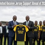 Bayelsa United officials and players proudly display new black and yellow jerseys on the pitch ahead of the 2026/27 NNL season