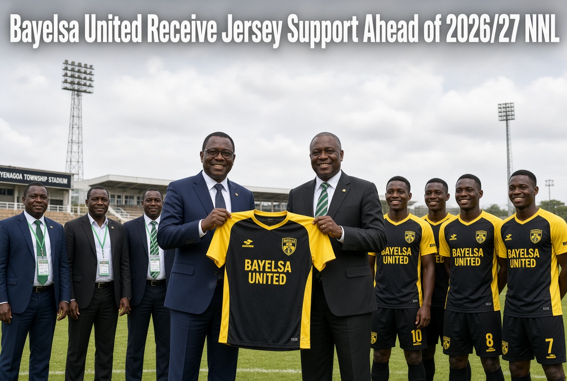 Bayelsa United officials and players proudly display new black and yellow jerseys on the pitch ahead of the 2026/27 NNL season