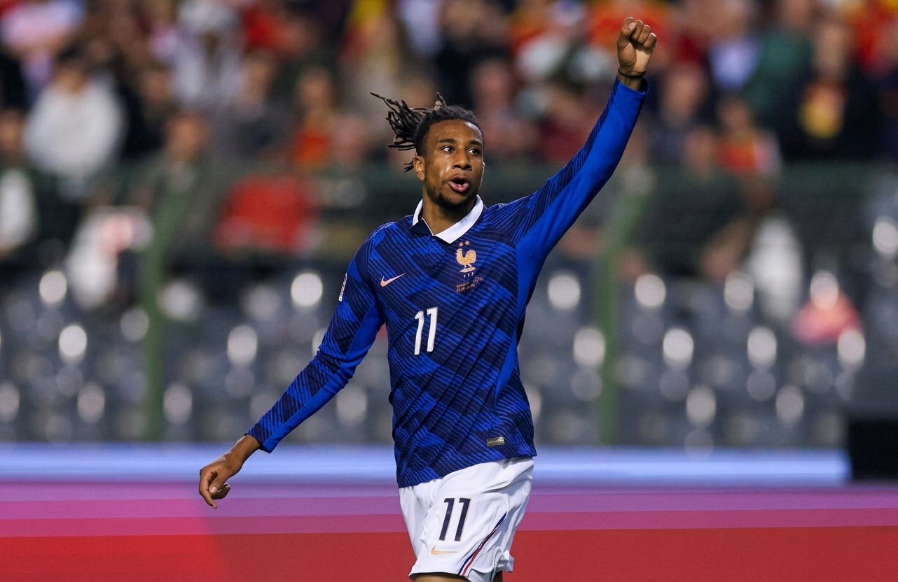 Michael Olise celebrates after scoring France’s late winner against Belgium