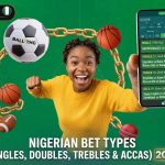 NIGERIAN BET TYPES (SINGLES, DOUBLES, TREBLES & ACCAS) 2026" on a green background. The central figure is a joyful woman, surrounded by sports balls (soccer, basketball, tennis, cricket, football, hockey) linked by a gold chain. On the right, a hand holds a smartphone showing a betting app interface with examples like "SINGLE (1 Bet Slip): SUPER EAGLES VS GHANA". The top left has the logo "BALL1THG NIGERIA" and a Nigerian flag badge. The side text includes "ball1thg.com Your trusted choice in Nigeria