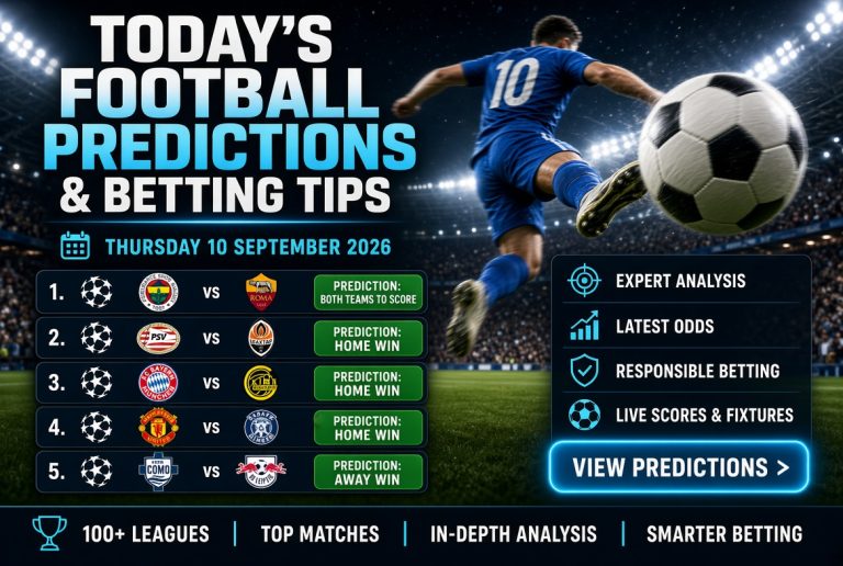 Today’s football predictions and betting tips graphic for Thursday 10 September 2026, featuring Champions League matches including Fenerbahçe vs Roma, PSV vs Shakhtar, Bayern Munich vs Bodø/Glimt, Manchester United vs Sabah and Como vs RB Leipzig with predicted outcomes