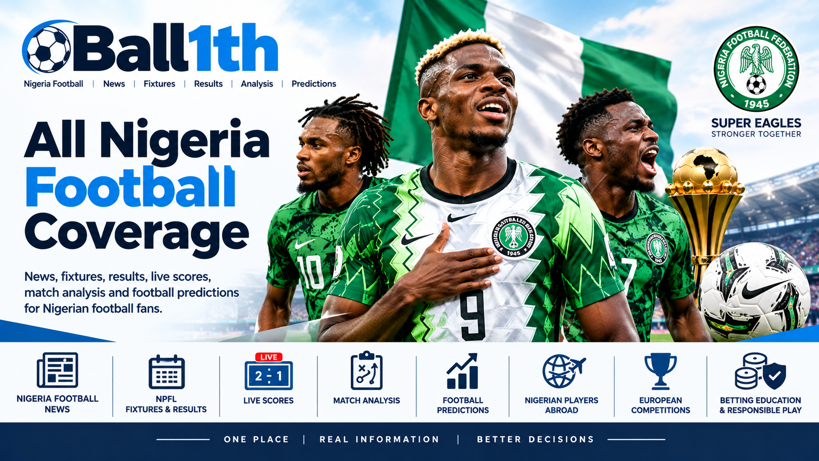 Ball1th All Nigeria Football Coverage featuring Super Eagles players, Nigerian flag, football news, fixtures, live scores, analysis and predictions