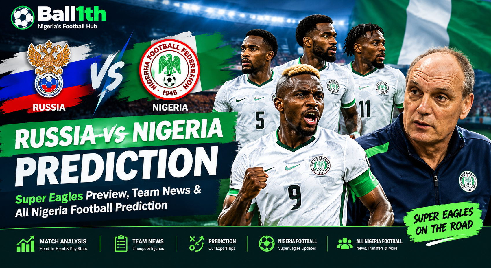 Russia vs Nigeria football prediction graphic featuring the Super Eagles, team news and match analysis