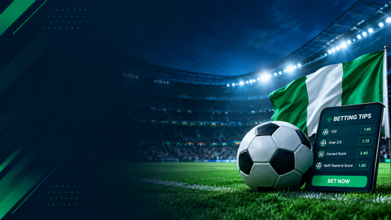 Betting tips Nigeria football stadium with soccer ball, Nigerian flag and betting odds on smartphone