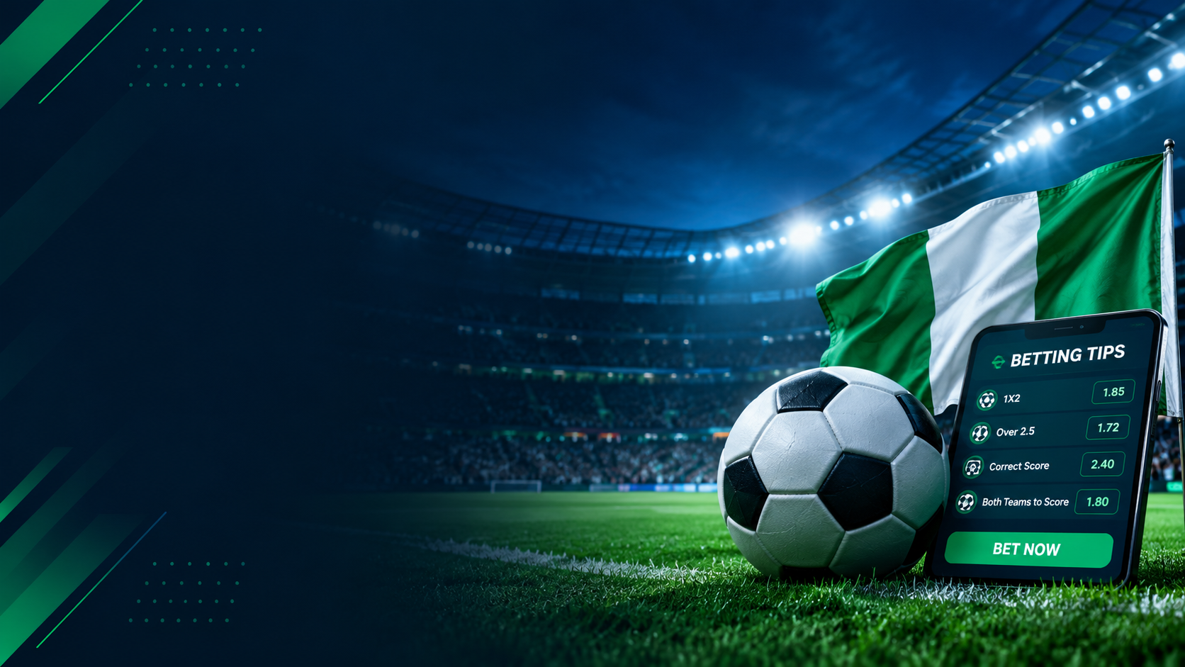Betting tips Nigeria football stadium with soccer ball, Nigerian flag and betting odds on smartphone