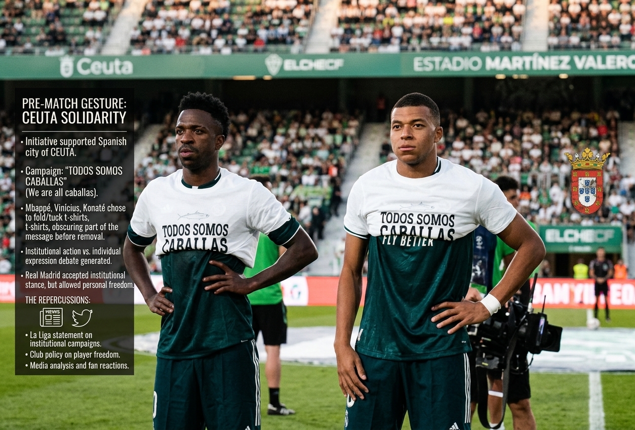 An infographic image showing Vinícius Júnior and Kylian Mbappé on a football pitch wearing pre-match 'Ceuta Solidarity' t-shirts which they have folded and tucked, obscuring the slogan 'TODOS SOMOS CABALLAS'. An overlay text analysis details the gesture and its repercussions regarding institutional actions versus individual expression. The stadium background shows Ceuta and Elche logos