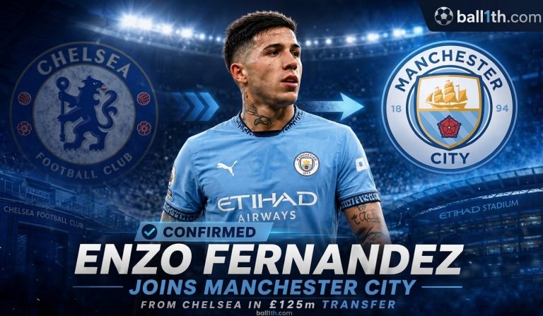 High-resolution graphic announcing football player Enzo Fernández transferring from Chelsea to Manchester City for £125 million, featuring the ball1th.com logo in the top right corner.