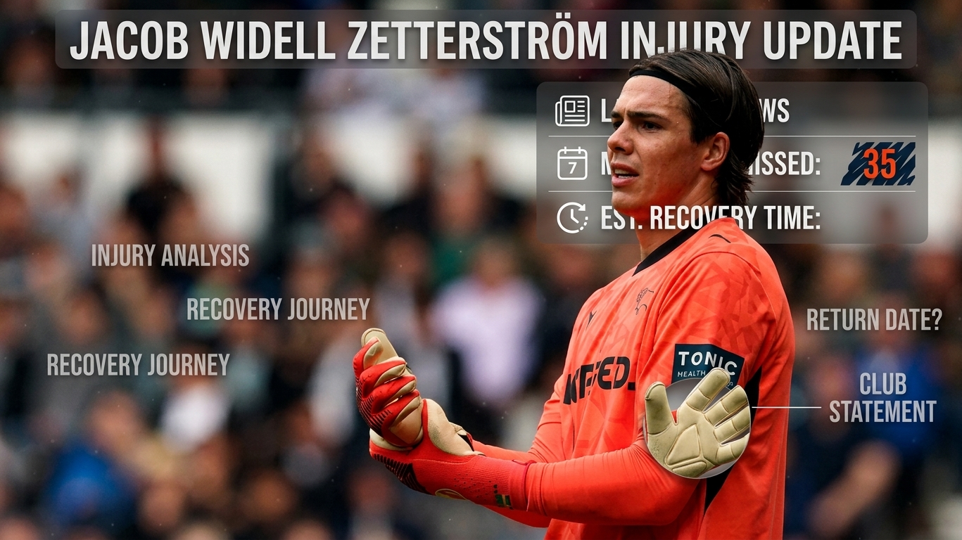 Goalkeeper Jacob Widell Zetterström profile graphic with injury icons, 35 missed matches, recovery journey text, and a detailed close-up of a goalkeeper glove palm.