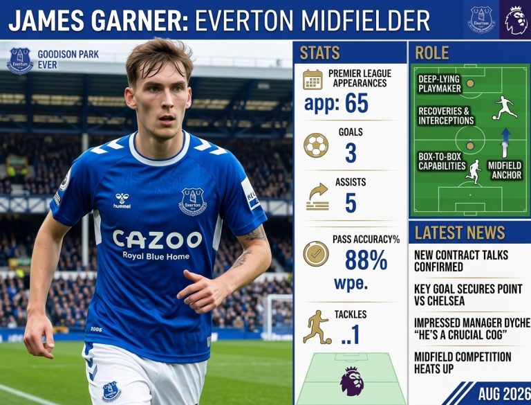 An infographic profile of football player James Garner. The left side is a photo of Garner in an Everton FC kit. The right side features text sections: a "STATS" list (65 Premier League apps, 3 goals, 5 assists, 88% pass accuracy), a "ROLE" diagram (Midfield Anchor, Deep-lying Playmaker), and a "LATEST NEWS" feed with headlines.