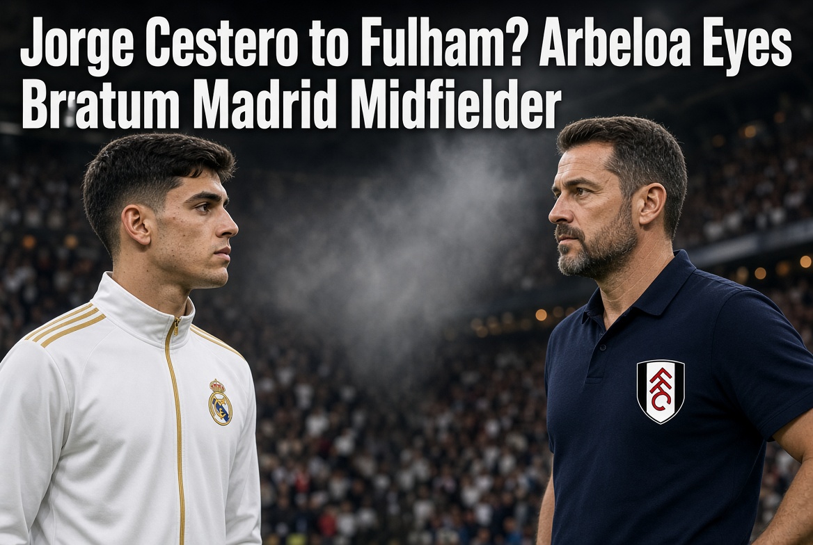 Jorge Cestero in Real Madrid kit facing Álvaro Arbeloa in Fulham polo shirt with transfer rumour title overlay