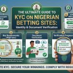 The Ultimate Guide to KYC on Nigerian Betting Sites" outlining a five-step process: KYC Account Setup, Key Requirements (NIN & BVN), Document Verification (Identity & Address), Verification Progress, and KYC For Withdrawals. The image features a city skyline background and hands holding a phone and magnifiers over required documents[cite: 1, 2].
