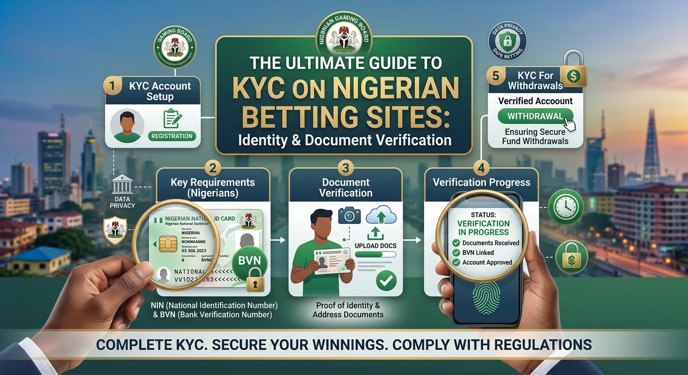 The Ultimate Guide to KYC on Nigerian Betting Sites" outlining a five-step process: KYC Account Setup, Key Requirements (NIN & BVN), Document Verification (Identity & Address), Verification Progress, and KYC For Withdrawals. The image features a city skyline background and hands holding a phone and magnifiers over required documents[cite: 1, 2].