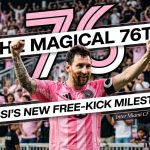 Lionel Messi celebrating in an Inter Miami CF jersey with arms raised, celebrating his 76th free-kick goal milestone.