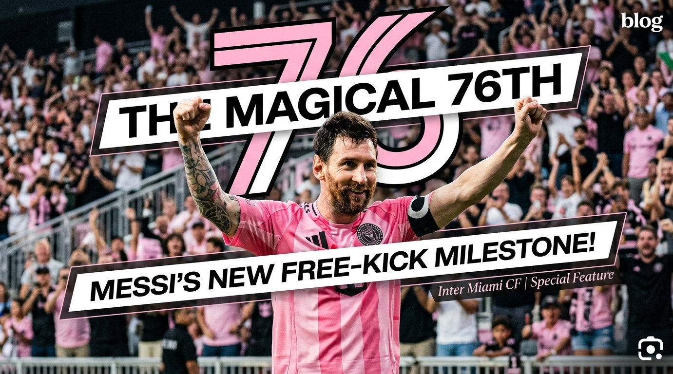 Lionel Messi celebrating in an Inter Miami CF jersey with arms raised, celebrating his 76th free-kick goal milestone.