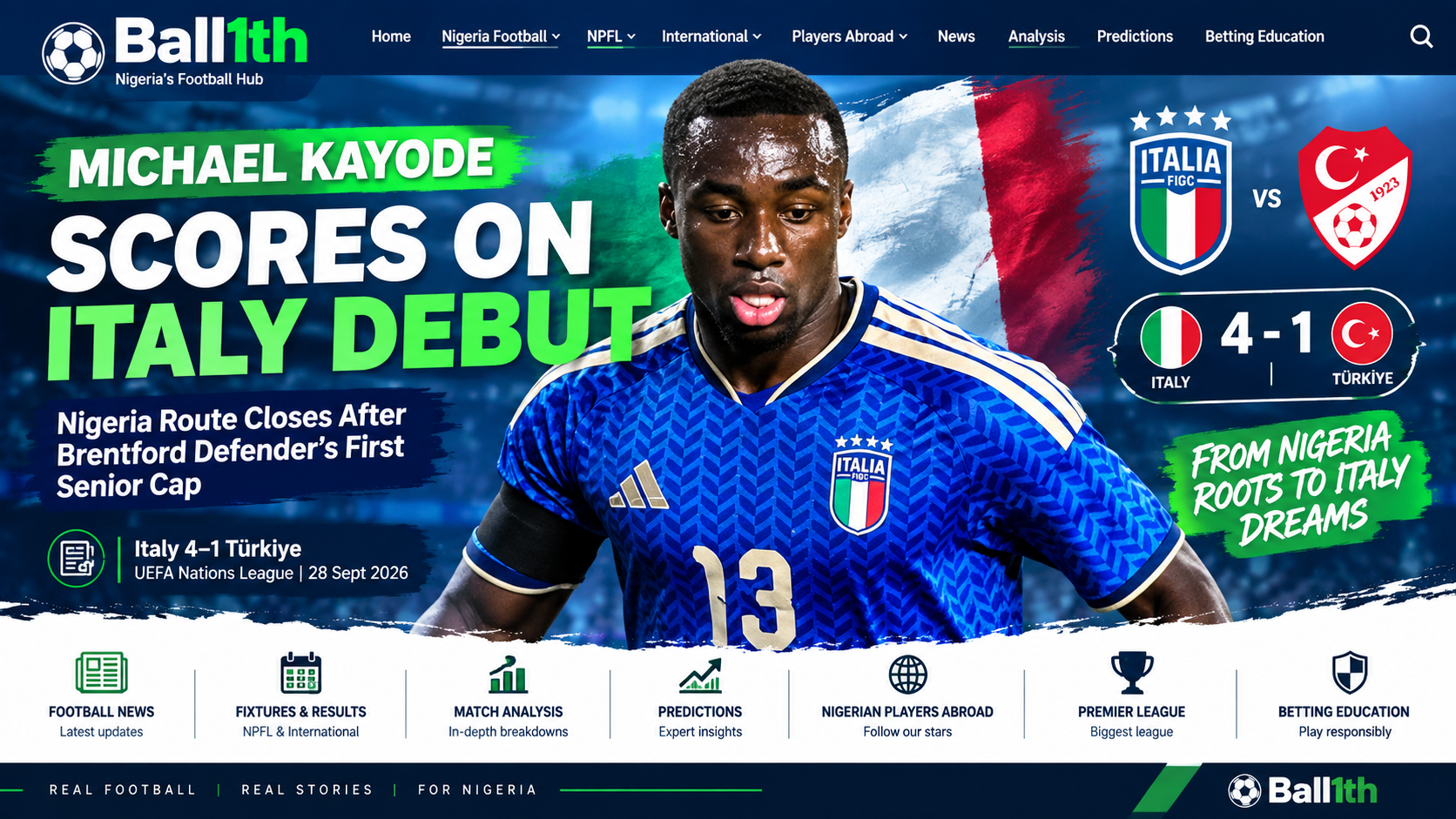 Michael Kayode in Italy shirt during his senior international debut against Türkiye