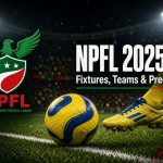 Dynamic NPFL 2025/26 blog header showing a yellow and blue match ball on the pitch with a player’s yellow boot, official green eagle NPFL logo on the left, and bold text “NPFL 2025/26 – Fixtures, Teams & Predictions”.