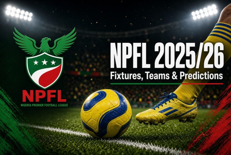 Dynamic NPFL 2025/26 blog header showing a yellow and blue match ball on the pitch with a player’s yellow boot, official green eagle NPFL logo on the left, and bold text “NPFL 2025/26 – Fixtures, Teams & Predictions”.