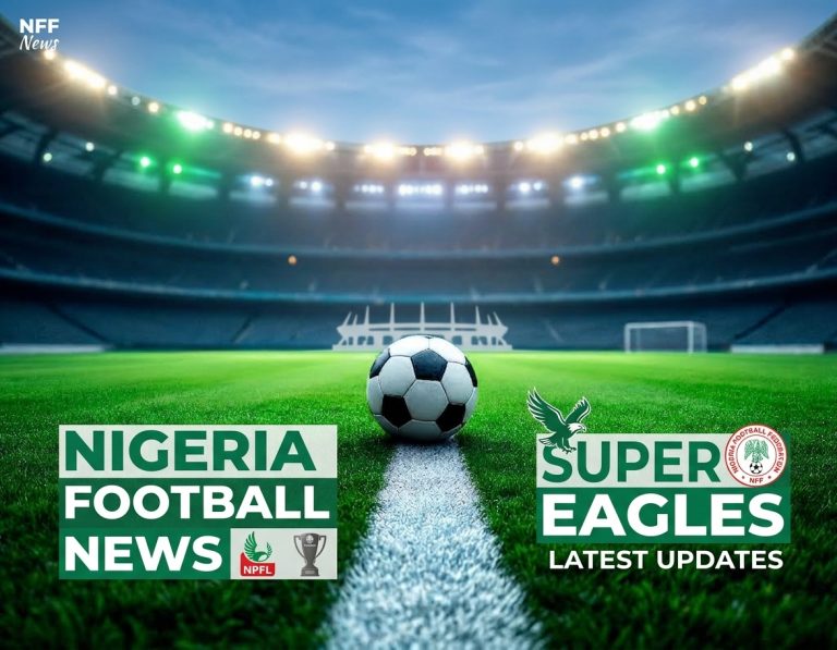 A wide-angle, low-perspective view of a soccer ball centered on a white line of a large, modern stadium pitch at night. Text overlays at the bottom left read 'NIGERIA FOOTBALL NEWS NPFL', and at the bottom right, 'SUPER EAGLES LATEST UPDATES' with the NFF logo and an eagle graphic. Floodlights illuminate the empty stadium
