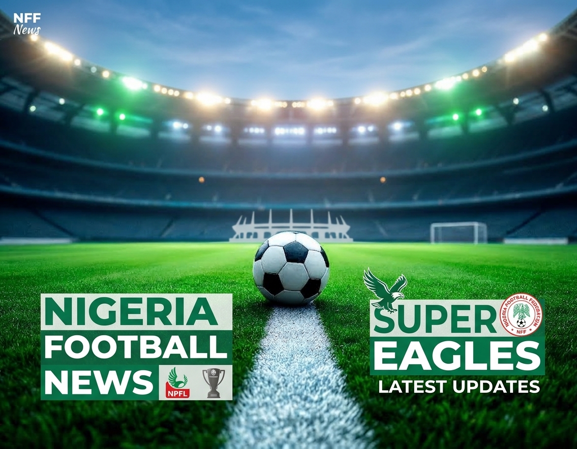 A wide-angle, low-perspective view of a soccer ball centered on a white line of a large, modern stadium pitch at night. Text overlays at the bottom left read 'NIGERIA FOOTBALL NEWS NPFL', and at the bottom right, 'SUPER EAGLES LATEST UPDATES' with the NFF logo and an eagle graphic. Floodlights illuminate the empty stadium