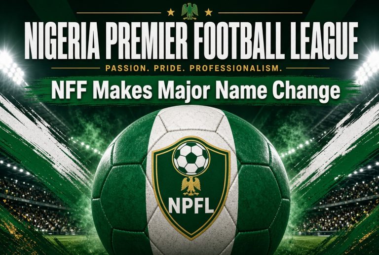 Promotional graphic for the Nigeria Premier Football League featuring a green and white soccer ball with NPFL crest, stadium lights in the background, and bold text announcing “NFF Makes Major Name Change”.