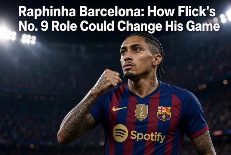 Raphinha Barcelona celebrating in FC Barcelona kit with fist raised under stadium lights, title overlay about Flick’s No. 9 role