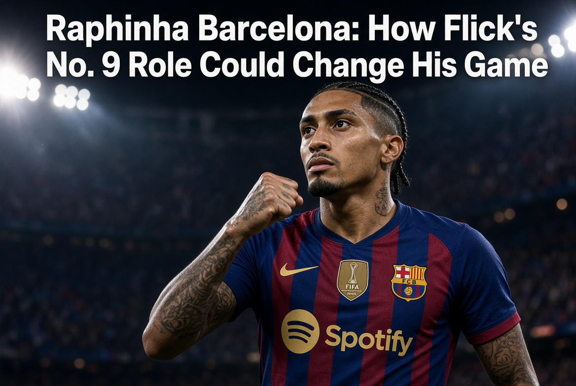 Raphinha Barcelona celebrating in FC Barcelona kit with fist raised under stadium lights, title overlay about Flick’s No. 9 role