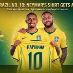 Raphinha and Neymar holding up a yellow Brazil home shirt printed with "RAPHINHA 10" in a horizontal banner layout. Above them is the header "RAPHINHA BRAZIL NO. 10: NEYMAR’S SHIRT GETS A NEW OWNER." On the left, an infographic timeline displays iconic Brazilian number 10 players: Pelé, Zico, Ronaldinho, Kaká, Neymar, and Raphinha. On the right, key stats and text overlay a green stadium backdrop
