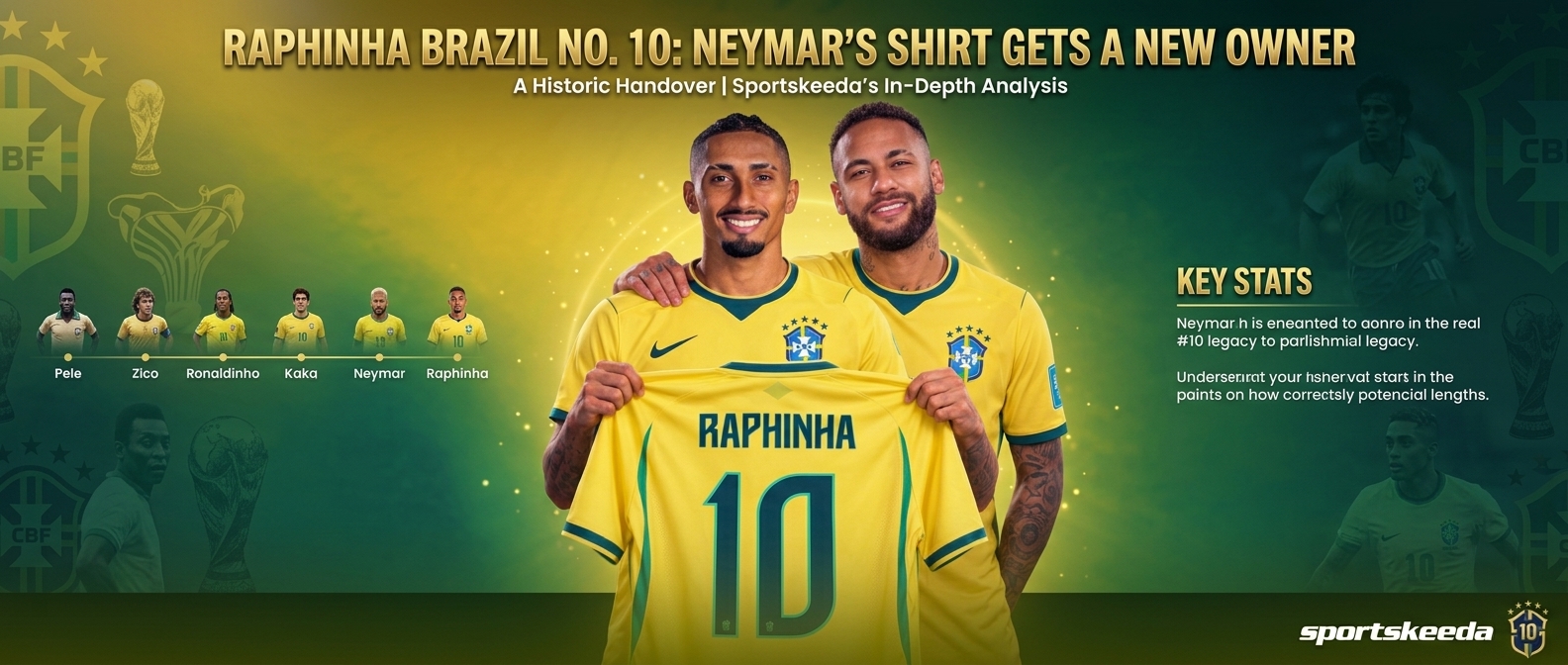 Raphinha and Neymar holding up a yellow Brazil home shirt printed with "RAPHINHA 10" in a horizontal banner layout. Above them is the header "RAPHINHA BRAZIL NO. 10: NEYMAR’S SHIRT GETS A NEW OWNER." On the left, an infographic timeline displays iconic Brazilian number 10 players: Pelé, Zico, Ronaldinho, Kaká, Neymar, and Raphinha. On the right, key stats and text overlay a green stadium backdrop