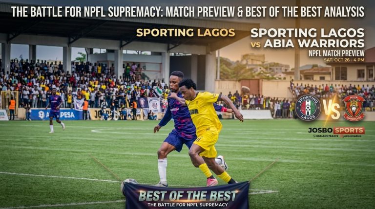 Match preview graphic for the NPFL fixture between Sporting Lagos and Abia Warriors, featuring two opposing players competing for the ball on the pitch, overlaid with official team crests, match details, and the banner "Best of the Best: The Battle for NPFL Supremacy.