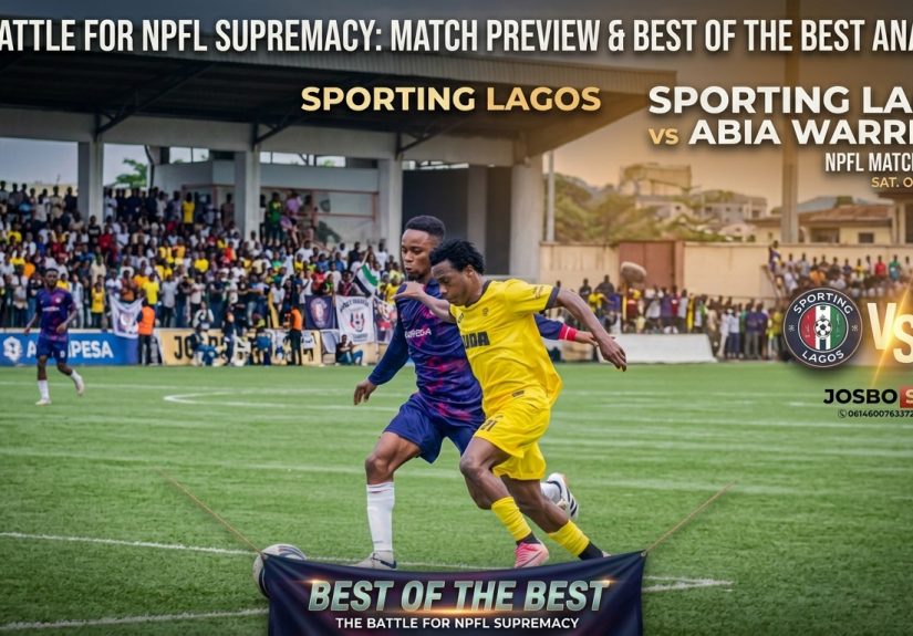 Match preview graphic for the NPFL fixture between Sporting Lagos and Abia Warriors, featuring two opposing players competing for the ball on the pitch, overlaid with official team crests, match details, and the banner "Best of the Best: The Battle for NPFL Supremacy.