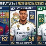 Graphic showing the top 3 football players by predicted goals and assists for 2026-27: #1 Raphinha with 62, #2 Kylian Mbappé with 58, and #3 Pierre-Emerick Aubameyang with 52.