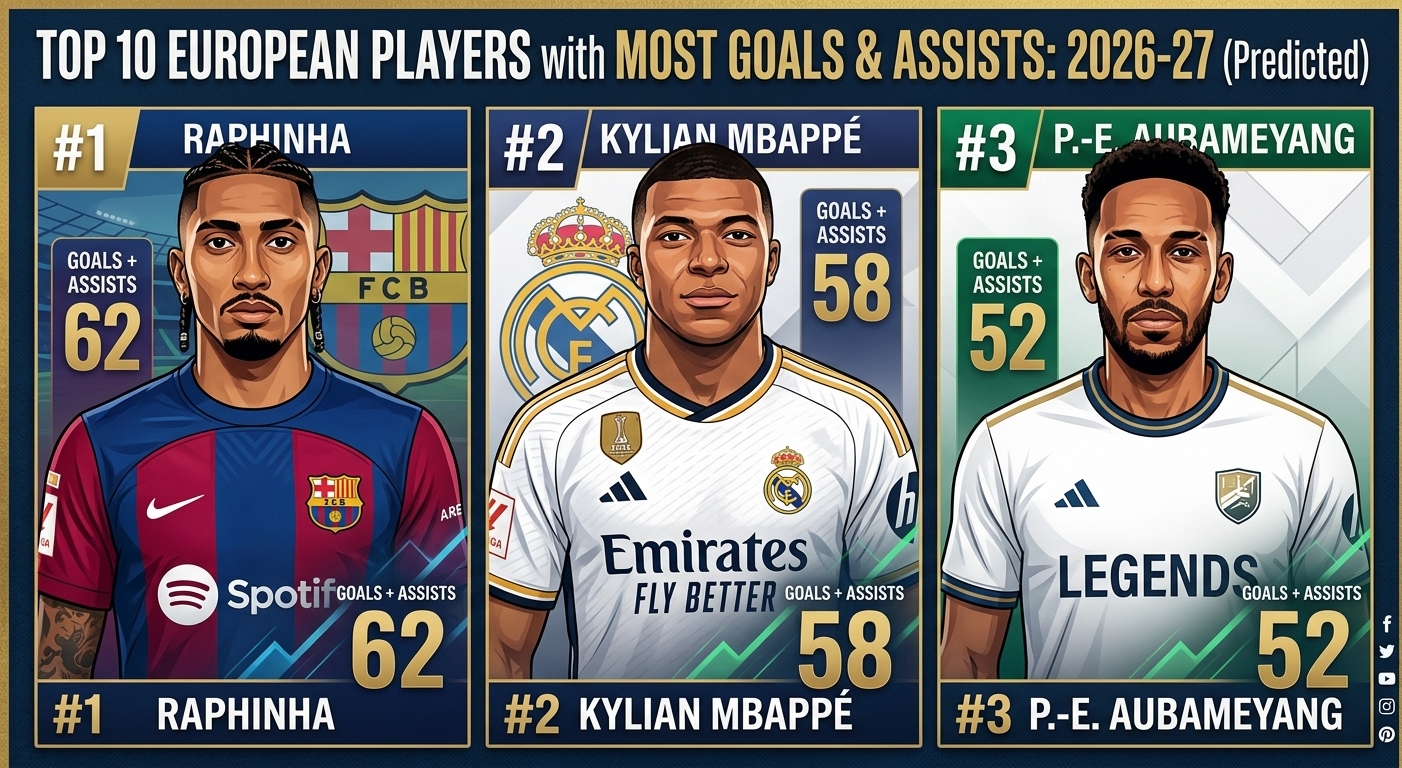 Graphic showing the top 3 football players by predicted goals and assists for 2026-27: #1 Raphinha with 62, #2 Kylian Mbappé with 58, and #3 Pierre-Emerick Aubameyang with 52.