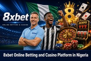 8xbet online betting and casino platform in Nigeria – promotional banner with smiling coach in blue polo, celebrating Nigerian footballer in black-and-white jersey, waving Nigerian flag, golden crown 8 logo, poker chips, roulette wheel, and jackpot slot machine
