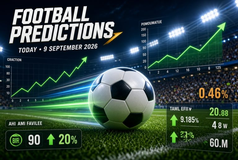 Football predictions blog header for 9 September 2026 – glowing soccer ball on a night stadium pitch with floodlights, upward green trend graphs, prediction percentages, and bold text “FOOTBALL PREDICTIONS TODAY • 9 SEPTEMBER 2026”.