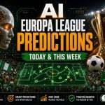 Futuristic AI robot head with glowing neural networks beside bold text “AI EUROPA LEAGUE PREDICTIONS – Today & This Week”. Golden Europa League trophy, footballs, rising odds arrows, holographic pitch diagram, and a packed stadium filled with Nigerian fans waving green-white flags and Super Eagles banners.