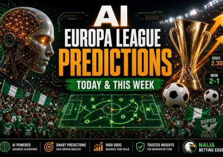 Futuristic AI robot head with glowing neural networks beside bold text “AI EUROPA LEAGUE PREDICTIONS – Today & This Week”. Golden Europa League trophy, footballs, rising odds arrows, holographic pitch diagram, and a packed stadium filled with Nigerian fans waving green-white flags and Super Eagles banners.
