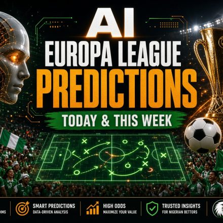 Futuristic AI robot head with glowing neural networks beside bold text “AI EUROPA LEAGUE PREDICTIONS – Today & This Week”. Golden Europa League trophy, footballs, rising odds arrows, holographic pitch diagram, and a packed stadium filled with Nigerian fans waving green-white flags and Super Eagles banners.