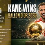 Harry Kane featured in a conceptual Ballon d’Or 2026 football news graphic