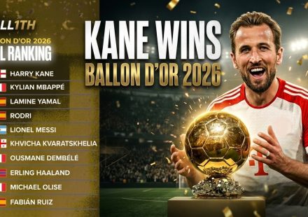 Harry Kane featured in a conceptual Ballon d’Or 2026 football news graphic