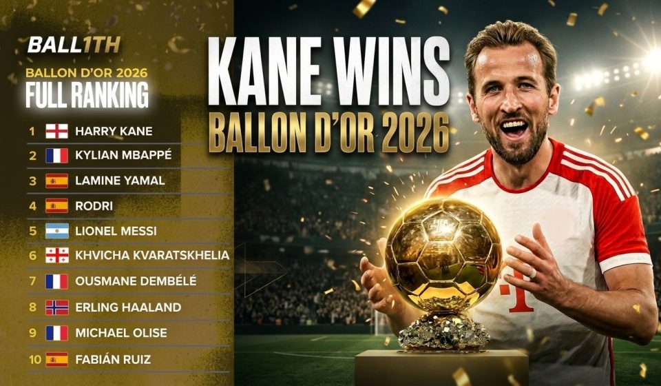 Harry Kane featured in a conceptual Ballon d’Or 2026 football news graphic